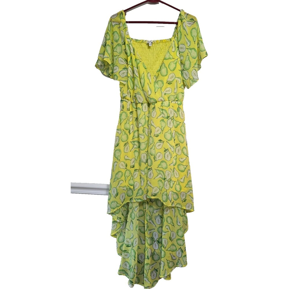 AUW Size XL High Low Maxi Dress Green Novelty Print Fruit Pear Smocked Lined